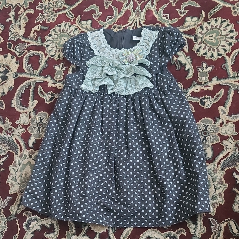 4 for $28 - Girls 3T Black Dress with Gray Polka Dots